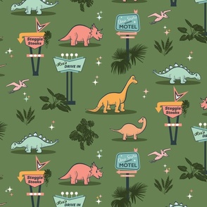 Dinosaurs with 50's and 60's Mid Century Modern Signs in Green, Pink, Peach, and Aqua - Large Scale
