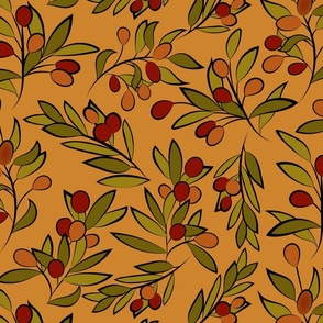 Festive Holly Berries Pattern in Olive Green, Deep Winter Red & Gold