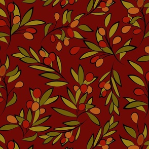 Festive Holly Berries Pattern in Olive Green, Deep Winter Red & Gold