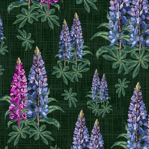 Dark Green Florals Garden Flowers Illustration, Pink and Purple Romantic Botanic Illustration, Lupine Lupin Stems on Linen Texture