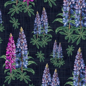 Moody Blue Garden Flowers Illustration, Pink and Purple Cottage Garden Botanic Flowers, Romantic Lupine Lupin Stems on Linen Texture