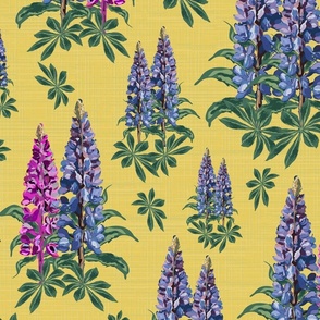 Bright Yellow Floral Illustration, Pink and Purple Cottage Garden Botanic Flowers, Romantic Lupine Lupin Stems on Linen Texture