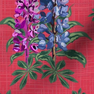 Bright Pink Flowers Floral Illustration, Cottage Garden Botanic Flowers, Romantic Pink and Purple Lupine Lupin Stems on Linen Texture