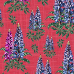 Bright Pink Flowers Floral Illustration, Cottage Garden Botanic Flowers, Romantic Pink and Purple Lupine Lupin Stems on Linen Texture