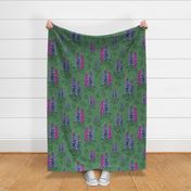 Dark Green Bold Moody Floral Illustration, Botanic Garden Flowers, Pretty Pretty Pink and Purple Lupine Lupin Blooms on Linen Texture