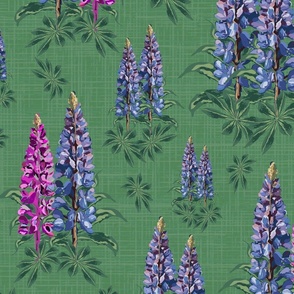 Dark Green Bold Moody Floral Illustration, Botanic Garden Flowers, Pretty Pretty Pink and Purple Lupine Lupin Blooms on Linen Texture