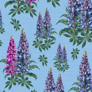 Country Cottage Floral Illustration, Botanic Garden Flowers, Pretty Pretty Pink and Purple Lupine Lupin Blooms on Linen Texture