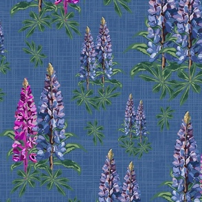 Air Force Blue Floral Illustration, Botanic Garden Flowers, Pretty Pretty Pink and Purple Lupine Lupin Blooms on Linen Texture