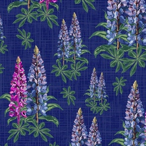 Dark Blue Bold Moody Floral Illustration, Botanic Garden Flowers, Pretty Pretty Pink and Purple Lupine Lupin Blooms on Linen Texture