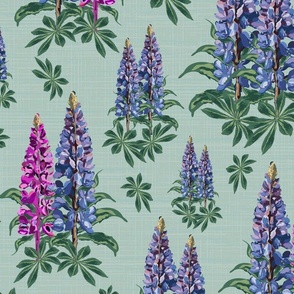Victorian Cottage Garden Flowers, Muted Teal Botanical Floral Illustration, Pretty Pink and Purple Lupine Lupin Blooms on Linen Texture