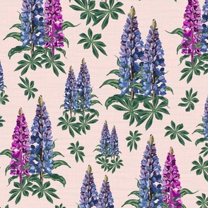 Blush Pink Florals Botanical Flower Illustration, Pretty Pink and Purple Lupine Lupin Blooms on Linen Texture