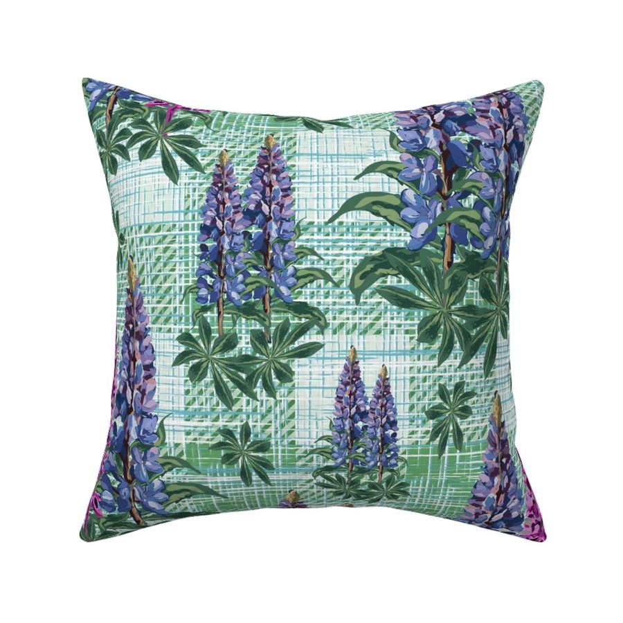 Pink Green and Purple Botanical Flower Illustration, Pretty Lupine Lupin Floral Blooms on Green Linen Plaid Texture