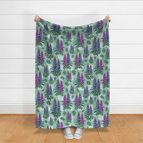 Pink Green and Purple Botanical Flower Illustration, Pretty Lupine Lupin Floral Blooms on Green Linen Plaid Texture