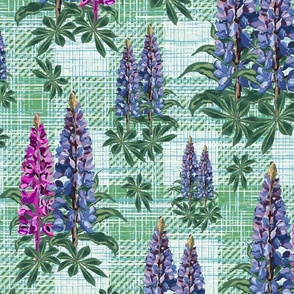 Pink Green and Purple Botanical Flower Illustration, Pretty Lupine Lupin Floral Blooms on Green Linen Plaid Texture