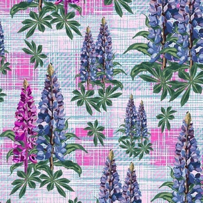 Pink and Purple Modern Floral Botanical Flower Illustration, Pretty Lupine Lupin Blooms on Linen Plaid Texture