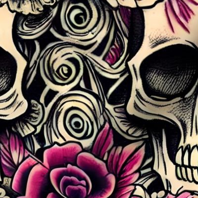 skull floral art tattoo