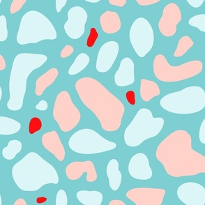 Whimsical Light Blue Light Pink Red Blobs on Teal Background