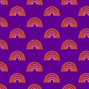 baby boy swaddle fabric orange rainbows on purple background directional large scale