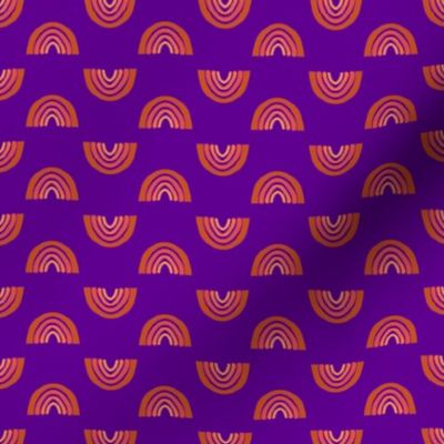 baby boy swaddle fabric orange rainbows on purple background small scale