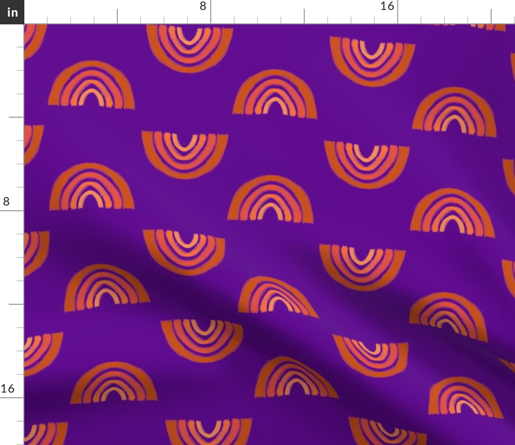 baby boy swaddle fabric orange rainbows on purple background large scale