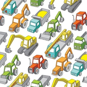 3D hand drawn construction trucks, tractor, backhoe, loader, excavator 