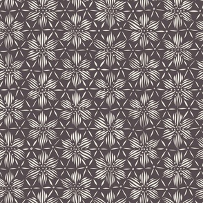flowers on a hexagon grid - creamy white_ purple brown - geometric floral
