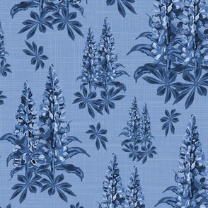 Botanic Garden Monochrome Blue Cottage Flowers, One Color Floral Botanical Toile, Lupine Lupin Bouquet on Linen Texture