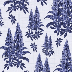 Blue and White Floral Bouquet Summer Flowers, Monochrome Blues Pattern, One Color Botanical Toile, Lupine Lupin on Linen Texture