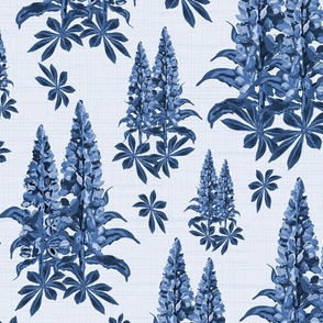 Modern Monochrome Blue Floral Cottage Pattern, Wildflower Botanic Garden Flowers, Lupine Lupin Blooms on Linen Blue Texture