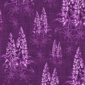 Dark and Moody Floral Night Garden, Elegant Purple Monochrome Flower Pattern, One Color Floral Botanical Toile, Lupine Lupin Bouquet on Linen Texture