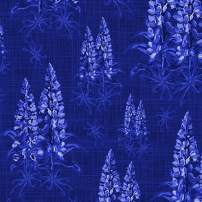 Royal Blue Night Garden, Elegant Monochrome Flower Pattern, One Color Floral Botanical Toile, Lupine Lupin Bouquet on Linen Texture