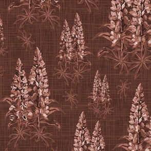 Dark Floral Moody Florals Garden Flowers, Earthy Chocolate Brown Monochrome Neutral Pattern, One Color Botanical Toile, Lupine Lupin Bouquet on Linen Texture