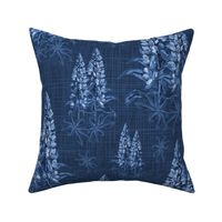 Dark Moody Blue Botanic Garden Flowers, Monochrome Blue Floral Botanical Toile, Lupine Lupin Bouquet on Linen Texture