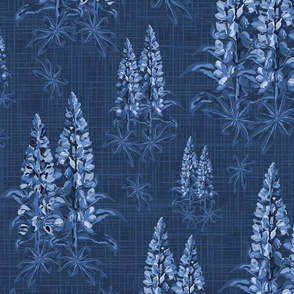 Dark Moody Blue Botanic Garden Flowers, Monochrome Blue Floral Botanical Toile, Lupine Lupin Bouquet on Linen Texture