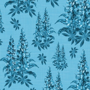 Modern Vintage Botanical Garden, Monochrome Blue Floral Botanic Toile, Lupine Lupin Bouquet on Linen Texture