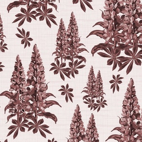 Neutral Botanical Garden, Monochrome Floral Botanic Toile Linen Texture, Lupine Lupin Bouquet on Linen Texture