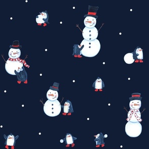 Penguins Building Snowmen in Navy Blue - (S)