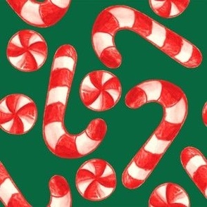 Watercolor Christmas Candy Canes & Peppermints in Emerald Green - (L)