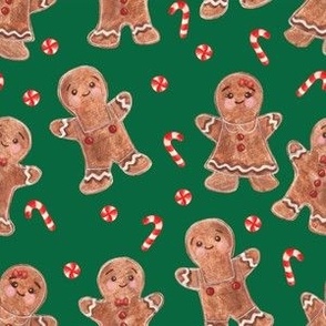 Watercolor Gingerbread Men & Peppermint Candy Canes in Emerald Green - (L)