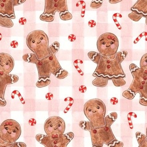Watercolor Gingerbread Men & Peppermint Candy Canes in Light Pink Gingham - (XL)