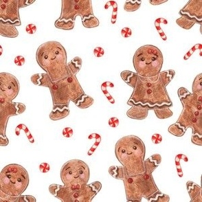 Watercolor Gingerbread Men & Peppermint Candy Canes in White - (L)