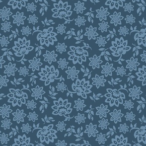 Block print floral indigo w blue