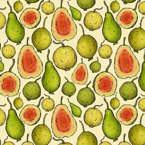12" Tropical Guava Fruits - Scattered Pattern - Green and Warm Pink