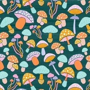 small//mushroom garden pattern with pastel colours and emerald green on textured background lines - small 
