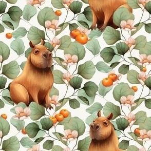 Capybara, flowers and oranges