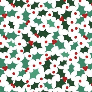 Christmas green holly, red berries on white medium 7x7
