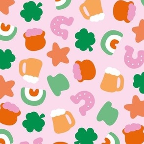 St Paddies icons - colorful kawaii style retro Saint Patrick's Day design with rainbow irish colors shamrock beer and pot with gold pink lilac teal green orange on pink LARGE