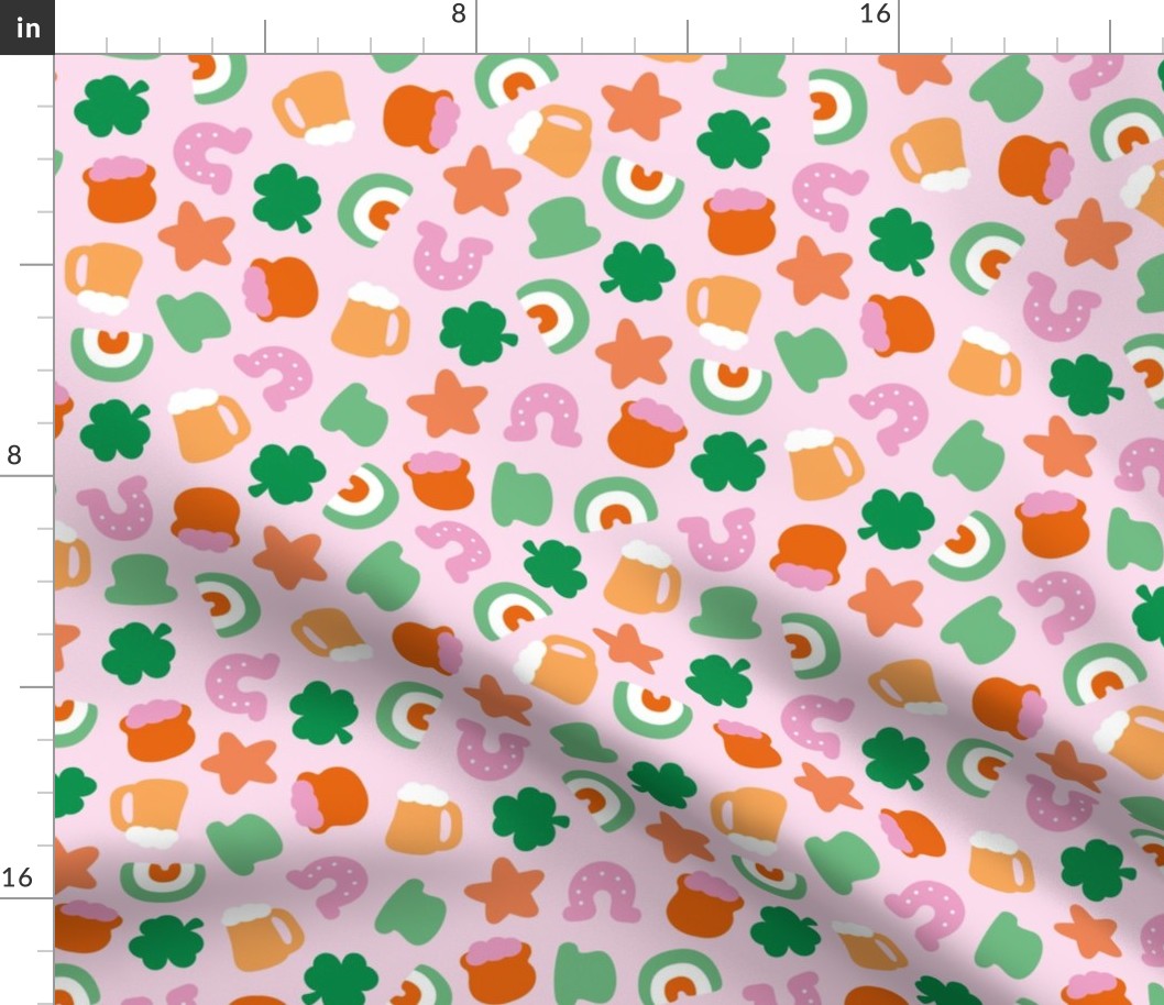 St Paddies icons - colorful kawaii style retro Saint Patrick's Day design with rainbow irish colors shamrock beer and pot with gold pink lilac teal green orange on pink LARGE