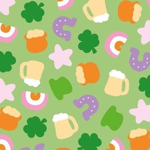 St Paddies icons - colorful kawaii style retro Saint Patrick's Day design with rainbow irish colors shamrock beer and pot with gold pink yellow lilac pastel green on matcha LARGE
