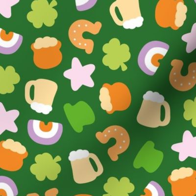 St Paddies icons - colorful kawaii style retro Saint Patrick's Day design with rainbow irish colors shamrock beer and pot with gold orange pink lilac green on jade LARGE